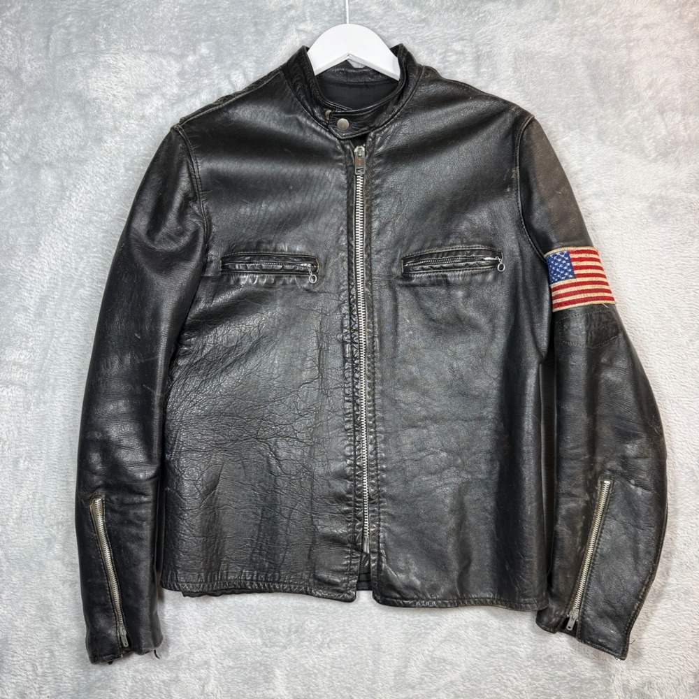 Vintage Leather Cafe Racer Jacket Mens M Black Distressed Biker 60s 70s